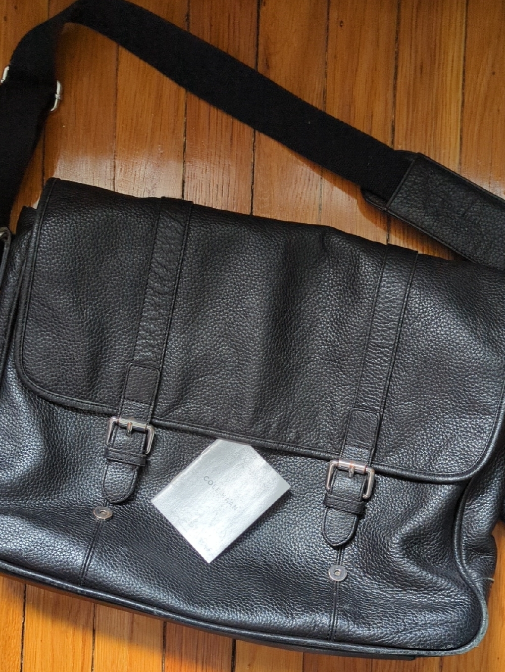 Cole Haan Black Pebbled Leather Messenger with Buckle Straps